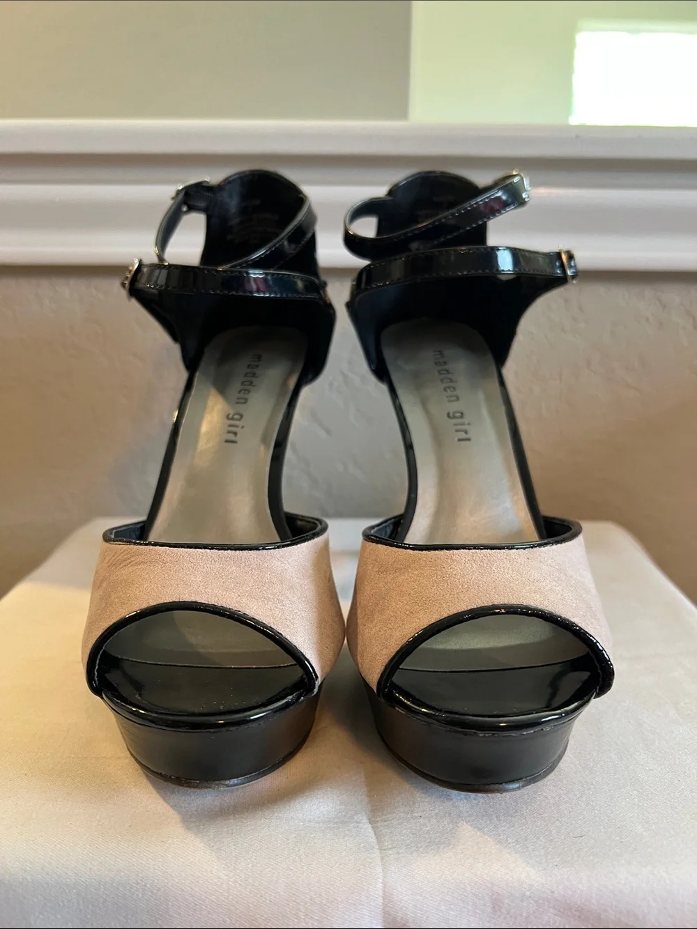 Madden Girl Black Patent and Blush/Tan Platform Ankle-Strap Sandals
